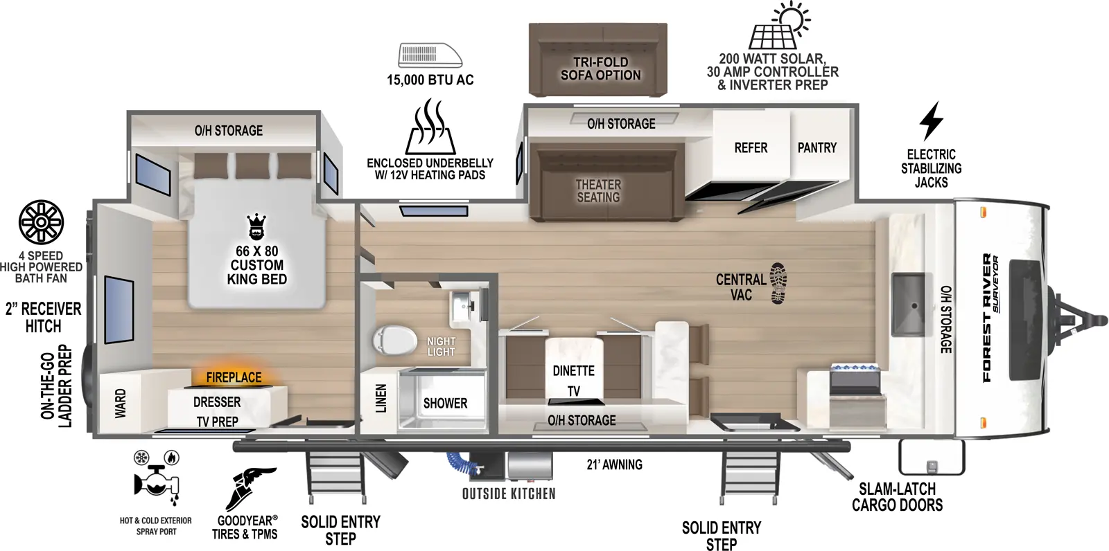 The Grand Surveyor 275FKBS has two entries and two slide outs. Exterior features include: fiberglass exterior, 21' awning and outside kitchen. Interiors features include: front kitchen and rear bedroom.